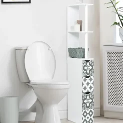 Meuble WC étagère bois WILLY 3 portes blanc et motif carreaux de ciment gris