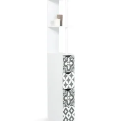Meuble WC étagère bois WILLY 3 portes blanc et motif carreaux de ciment gris
