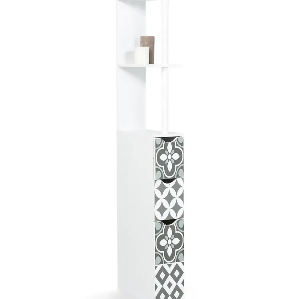 Meuble WC étagère bois WILLY 3 portes blanc et motif carreaux de ciment gris