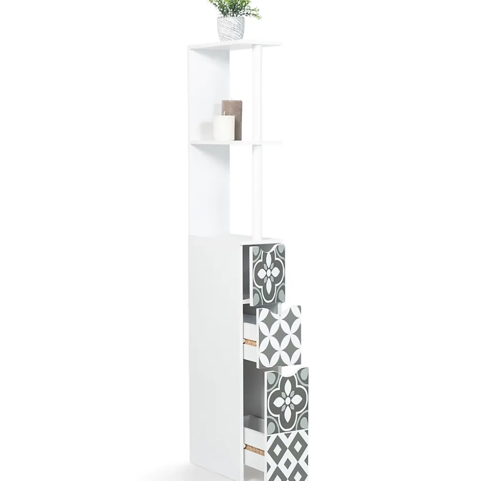 Meuble WC étagère bois WILLY 3 portes blanc et motif carreaux de ciment gris