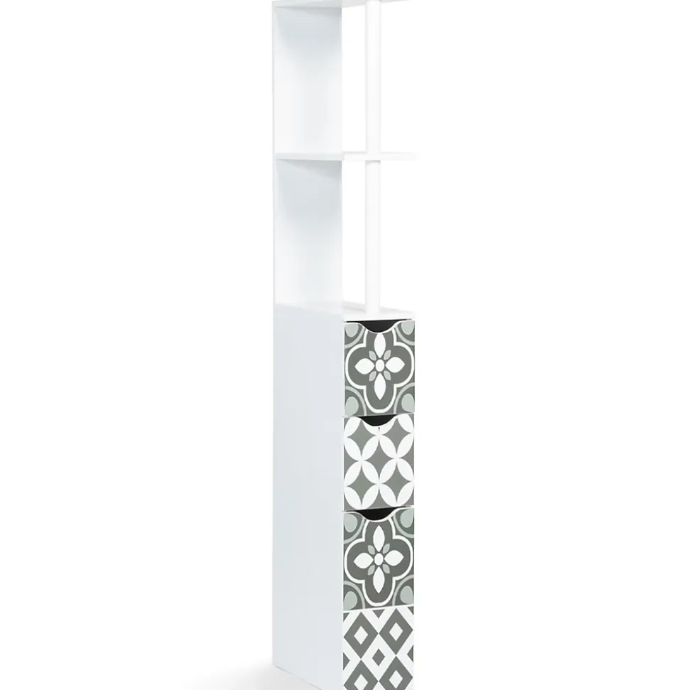 Meuble WC étagère bois WILLY 3 portes blanc et motif carreaux de ciment gris