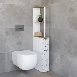 Meuble WC étagère WILLY 2 portes motif terrazzo et hêtre