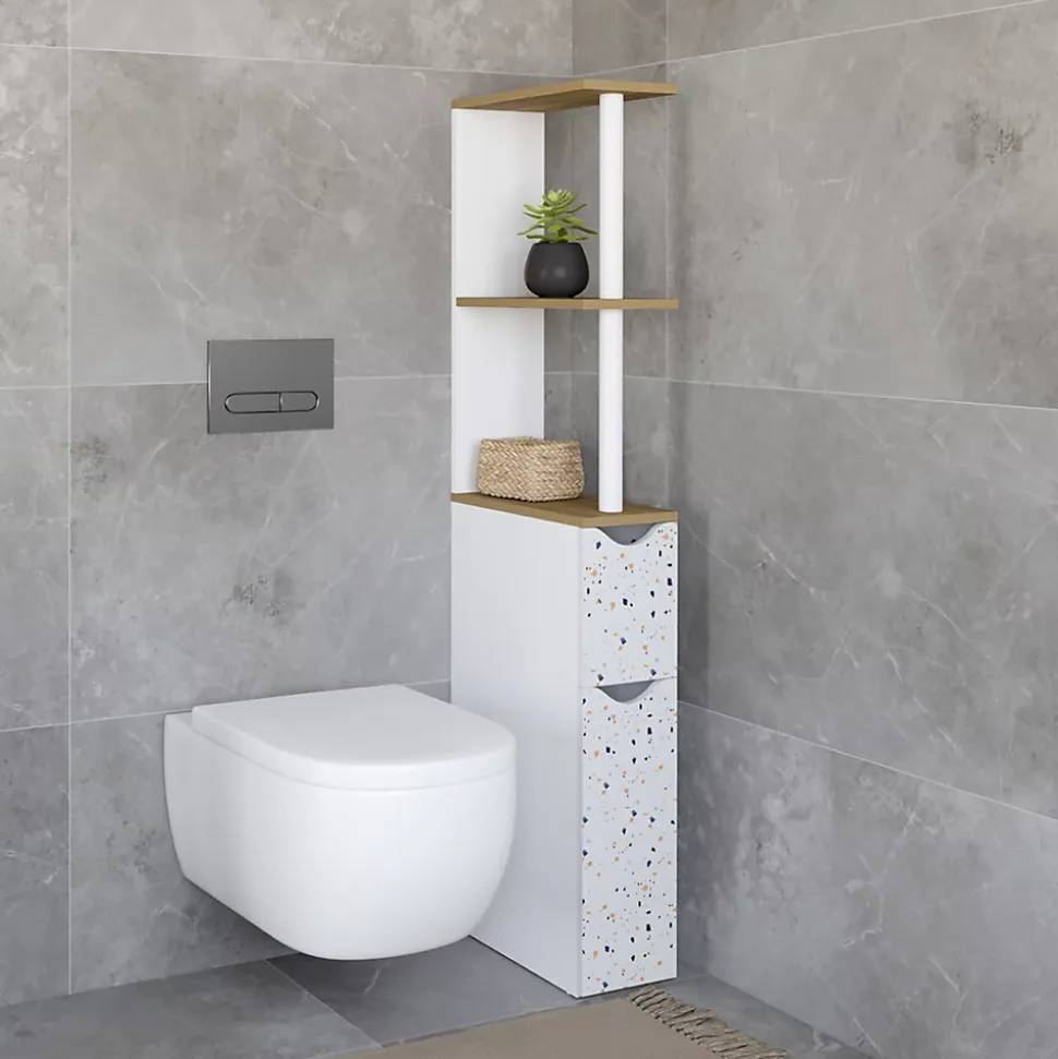 Meuble WC étagère WILLY 2 portes motif terrazzo et hêtre