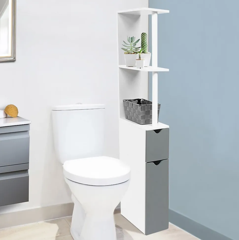 Meuble WC étagère WILLY bois 2 portes blanc et gris
