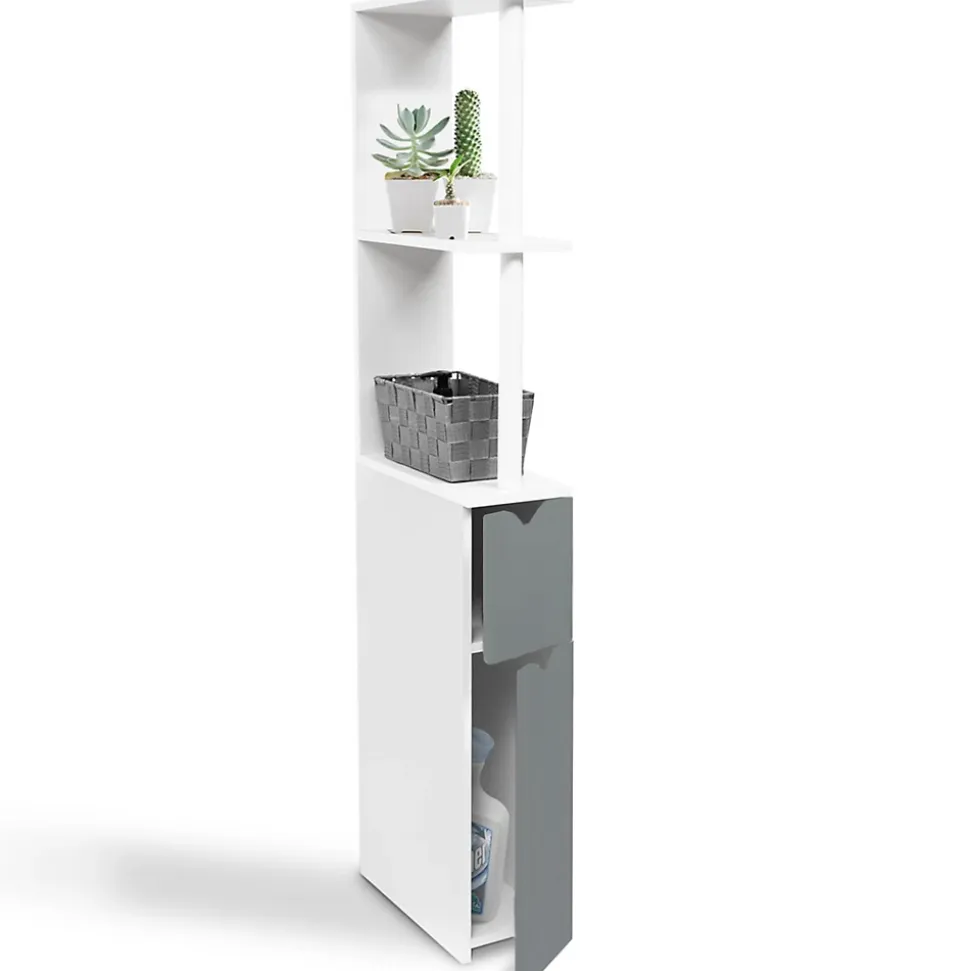 Meuble WC étagère WILLY bois 2 portes blanc et gris