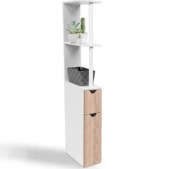 Meuble WC étagère WILLY bois 2 portes blanc et hêtre