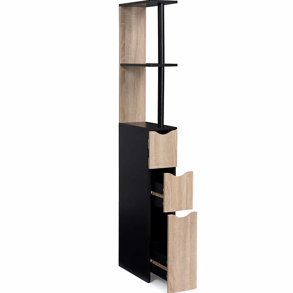 Meuble WC étagère WILLY bois 3 portes noir et hêtre