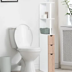 Meuble WC étagère WILLY bois 3 portes blanc et hêtre