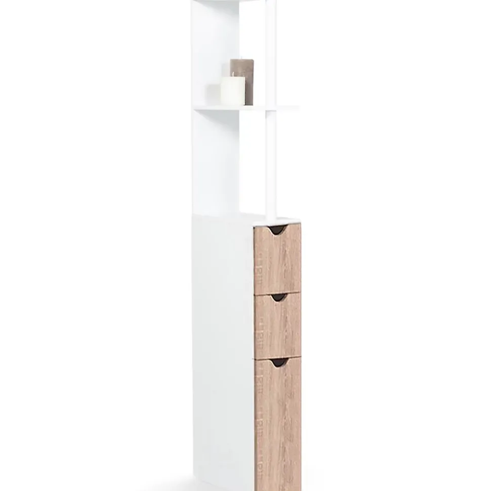 Meuble WC étagère WILLY bois 3 portes blanc et hêtre
