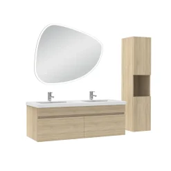 Meubles double vasque 120cm vasque et colonne et miroir 3 couleurs lumineux Chêne Wotan