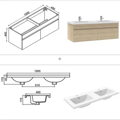 Meubles double vasque 120cm vasque + miroir 3 couleurs lumineux Chêne Wotan
