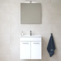 Mia ensemble meuble 59x61x39,5 cm avec porte, avec miroir, lavabo et éclairage LED, Blanc brillant (MIASETFP60B)