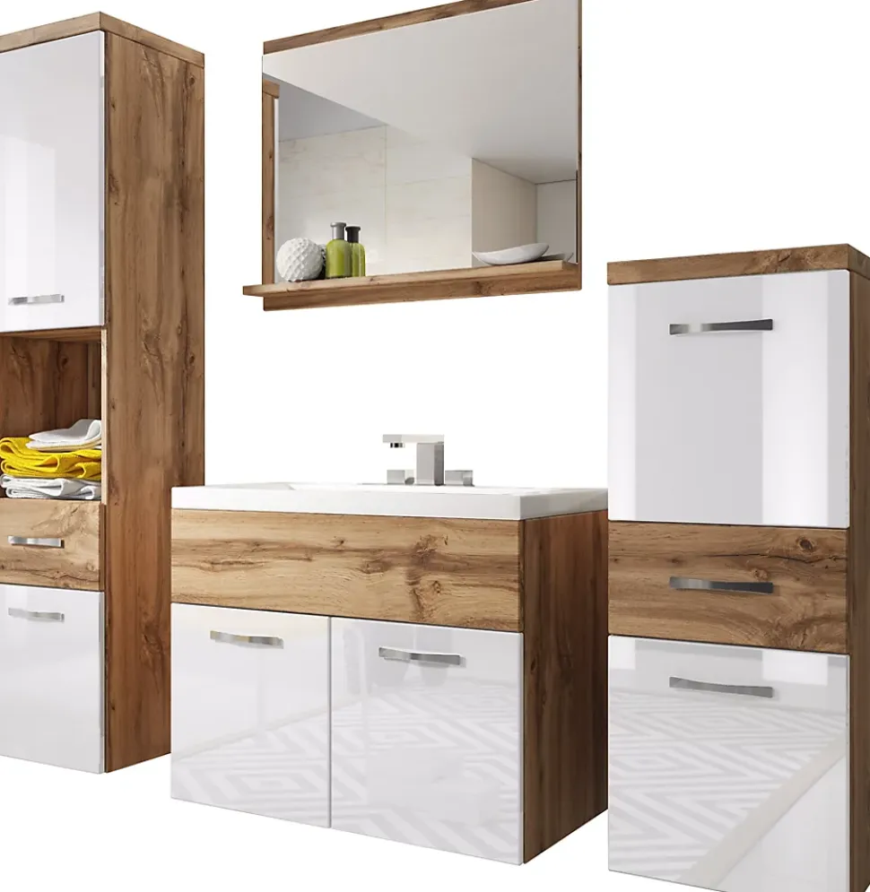 MINIO go for it, Set de meubles de salle de bains 4 pièces ALBECK, avec lavabo, blanc brillant / chêne wotan
