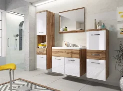 MINIO go for it, Set de meubles de salle de bains 4 pièces ALBECK, avec lavabo, blanc brillant / chêne wotan