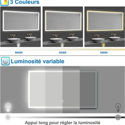 Miroir de salle de bain 50x70cm LED tricolore anti-buée + mémoire + dimmable, AICA SANITAIRE