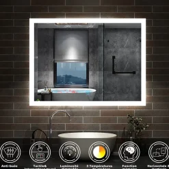 Miroir de salle de bain 60x50cm LED tricolore anti-buée + mémoire + dimmable, AICA SANITAIRE