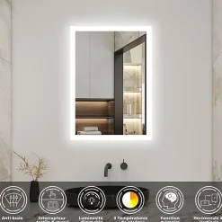 Miroir de salle de bain 50x70cm LED tricolore anti-buée + mémoire + dimmable, AICA SANITAIRE