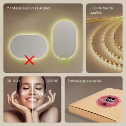 Miroir avec LED Illumination Salle de Bain (50x80cm) LED Lumineux Miroir avec Éclairage (TST106) Blanc Chaud 3000K