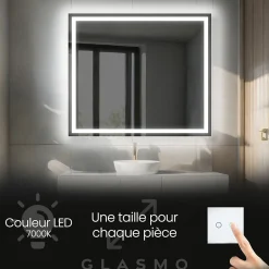 Miroir avec LED Illumination Salle de Bain - Bella, 70x70 cm, Miroir Mural Avec Éclairage, Blanc Froid 7000K