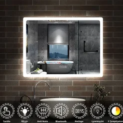 Miroir Bluetooth 100x60 cm, tricolore + horloge + mémoire + dimmable + anti-buée, miroir LED étanche IP44, AICA SANITAIRE