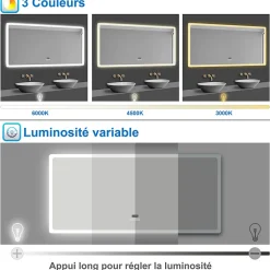Miroir Bluetooth 80x60 cm, tricolore + horloge + mémoire + dimmable + anti-buée, miroir LED étanche IP44, AICA SANITAIRE