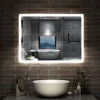 Miroir Bluetooth 70x50 cm, tricolore + horloge + mémoire + dimmable + anti-buée, miroir LED étanche IP44, AICA SANITAIRE
