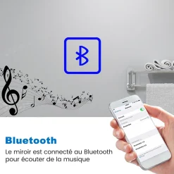 Miroir Bluetooth 70x50 cm, tricolore + horloge + mémoire + dimmable + anti-buée, miroir LED étanche IP44, AICA SANITAIRE