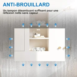 Miroir Bluetooth 70x50 cm, tricolore + horloge + mémoire + dimmable + anti-buée, miroir LED étanche IP44, AICA SANITAIRE