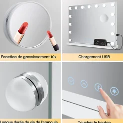 Miroir de Maquillage Éclairage LED Sirhona 58x46x10 cm + Bluetooth + Loupe 10X + Port USB + Température à Tricolore
