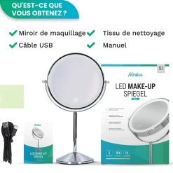 Miroir De Maquillage Lumineux LED Rechargeable Chrome, grossissement 1-10x