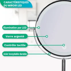 Miroir De Maquillage Lumineux LED Rechargeable Chrome, grossissement 1-10x