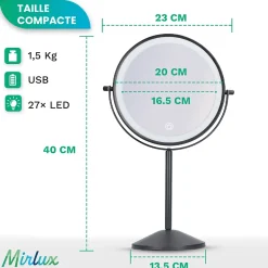 Miroir De Maquillage Lumineux LED Rechargeable Noir, Grossissement 1-10x