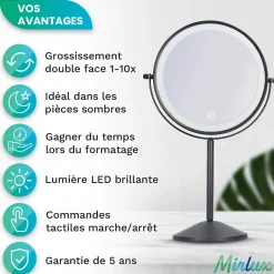 Miroir De Maquillage Lumineux LED Rechargeable Noir, Grossissement 1-10x