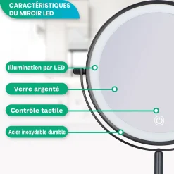 Miroir De Maquillage Lumineux LED Rechargeable Noir, Grossissement 1-10x
