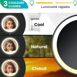 Miroir De Maquillage Lumineux LED Rechargeable Noir, Grossissement 1-10x