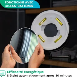 Miroir De Maquillage Lumineux LED Rechargeable Noir, Grossissement 1-5x