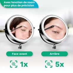Miroir De Maquillage Lumineux LED Rechargeable Noir, Grossissement 1-5x