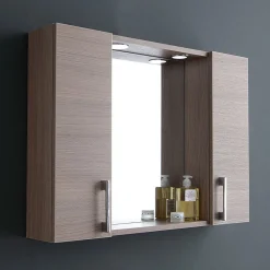 Miroir De Rangement Avec Armoires Latérales, Étagère Et Spots À Led 77Cm Chêne Fumé
