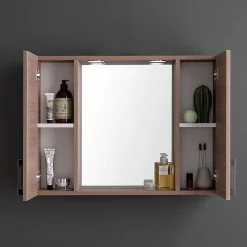Miroir De Rangement Avec Armoires Latérales, Étagère Et Spots À Led 77Cm Chêne Fumé