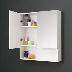 Miroir De Rangement Blanc À Deux Portes Avec Compartiment Inférieur Ouvert