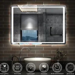Miroir de salle de bain à LED, dimmable et mémoire, 120x70cm miroir lumineux anti-buée, AICA SANITAIRE
