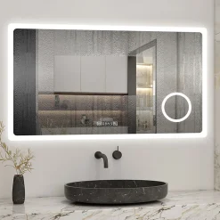 Miroir de salle de bain anti-buée avec horloge, blanc froid chaud neutre tactile mural miroir 120x70cm, AICA SANITAIRE