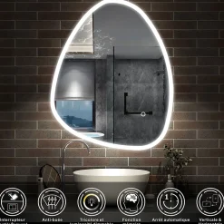 Miroir de salle de bain asymétrique 100x80cm led Teardrop Mirror 3 Colours Dimmable + Anti-buée + Mémoire, AICA SANITAIRE