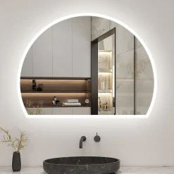 Miroir de salle de bain asymétrique 80x60cm led Demi-cercle Mirror 3 Colours Dimmable + Anti-buée + Mémoire, AICA SANITAIRE