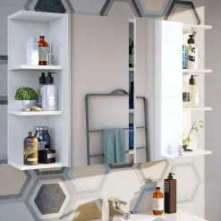 Miroir de salle de bain avec rangements 2 portes en blanc brillant, 65 x 60 x 21 cm
