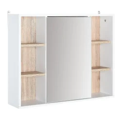 Miroir de salle de bain avec placard 2 étagères 6 niches latérales blanc effet chêne clair