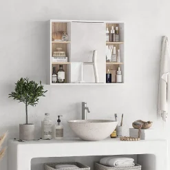 Miroir de salle de bain avec placard 2 étagères 6 niches latérales blanc effet chêne clair