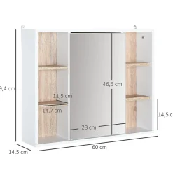 Miroir de salle de bain avec placard 2 étagères 6 niches latérales blanc effet chêne clair