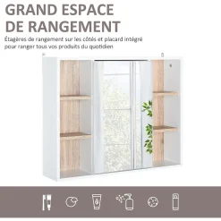 Miroir de salle de bain avec placard 2 étagères 6 niches latérales blanc effet chêne clair