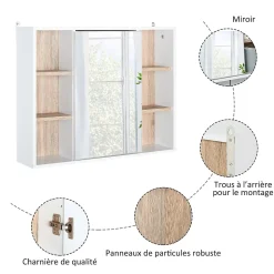 Miroir de salle de bain avec placard 2 étagères 6 niches latérales blanc effet chêne clair